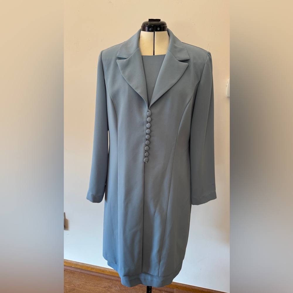 Virgo II Vintage 2 Piece Dress Set Jacket & Dress Blue Gray Chiffon Size M/L
